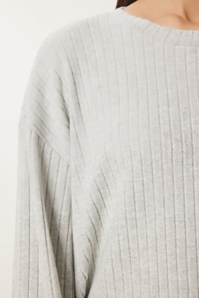 Lovelyİstanbul Ribbed Knitted Blouse and Pants Set - Grey Lrg0014