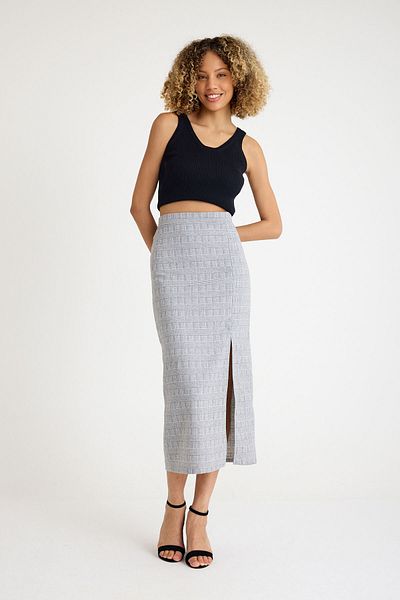 Thestiluxe Gray Organic Linen Fabric Plaid Soft Textured Skirt with Slit Detail