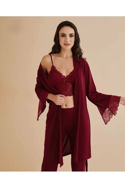 QKK Burgundy Combed Cotton Women's Bralets, Nightgown and Dressing Gowns Set of 4 - Q5.5.3.2Dkukchss