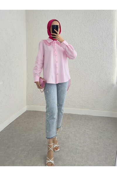 Modamorfo Ροζ πουκάμισο - Λεπτομέρεια γιακά, Μακρύ Πίσω με Κουμπί