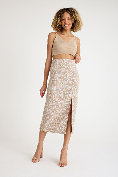 Thestiluxe Beige Organic Linen Special Design Trendy Slit Woven Skirt