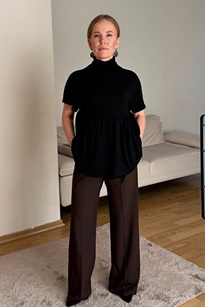 Byelmira بلوزة نسائية محبوكة ذات خصر عالي بطيات