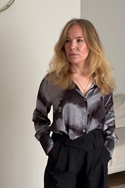 Byelmira Saten Hawaii Şifon Gömlek Siyah