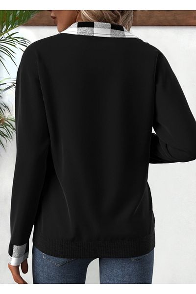 REKA MODA    Women's Long Sleeve Collared Front Zipper Plaid Detailed Viscose Two Thread Blouse