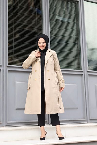 PİNK FLY A Line Women's Hijab Trench Coat - Double Breasted Collar and Lined, Cream Color