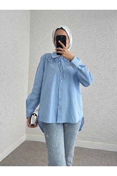 Modamorfo Синя сорочка - комір з деталями та довгими ґудзиками ззаду