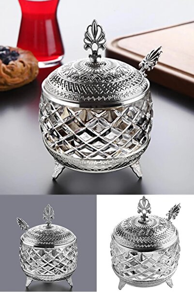 BİTERSE Lüks Otantik Osmanlı Motifli Kaşıklı Cam Şekerlik Gümüş Renk