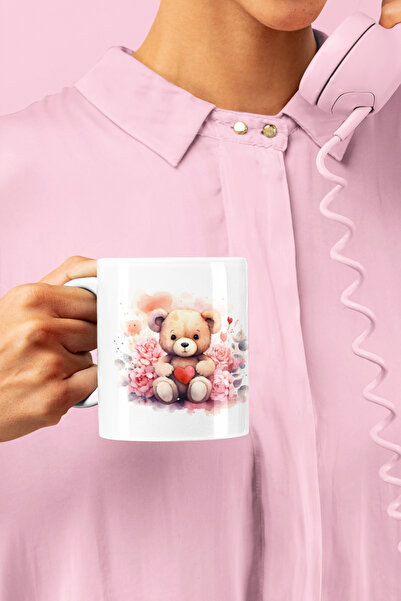 Merch&ice كوب عيد الحب مطبوع على شكل قلب تيدي بير