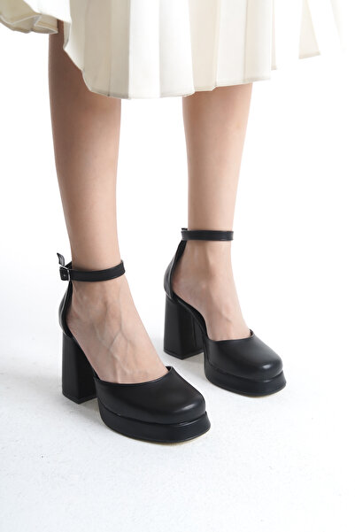 Moda Değirmeni Siyah Cilt Kadın Önü Kapalı Platform Topuklu Ayakkabı Bg1115-119-0003