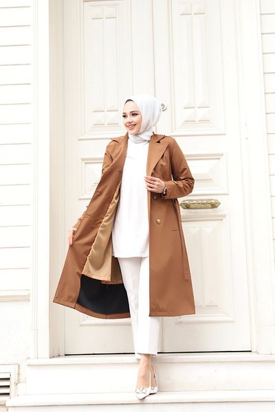 PİNK FLY Camel Double Breasted Collar Lined Women's Hijab Trench Coat - a Line Quality