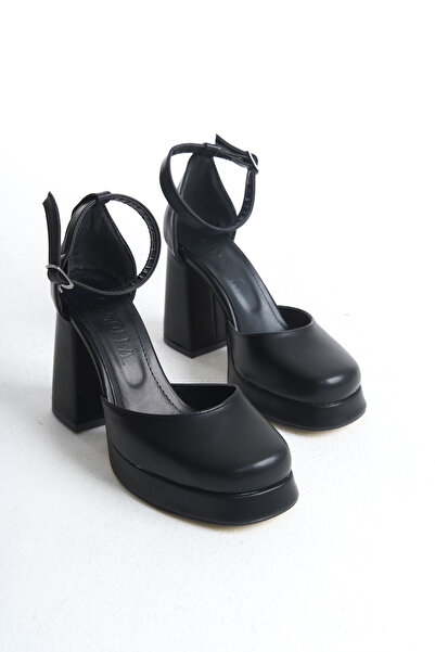 Moda Değirmeni Siyah Cilt Kadın Önü Kapalı Platform Topuklu Ayakkabı Bg1115-119-0003