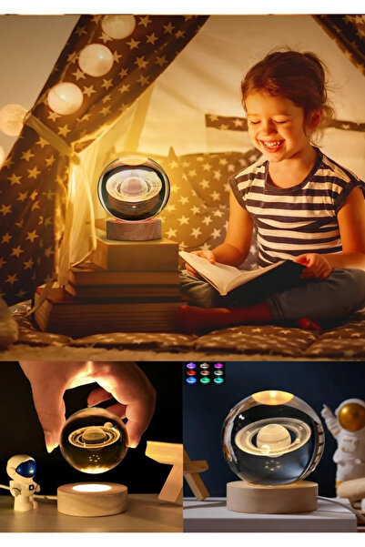 Hombak Yıldızlı Satürn 3D Işıklı Standlı Cam Küre Eviniz ve Ofisiniz İçin Sıcak Işıklı Dekoratif Aydınlatma