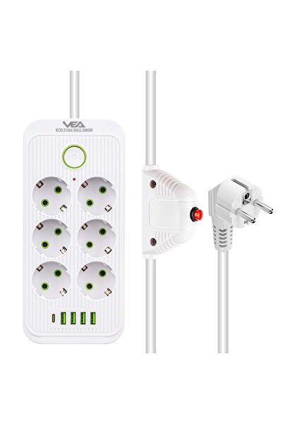 Powermaster Vea Va-21564 6'lı 4 Usb'li 1.5 Metre Akım Korumalı Priz Beyaz 323089