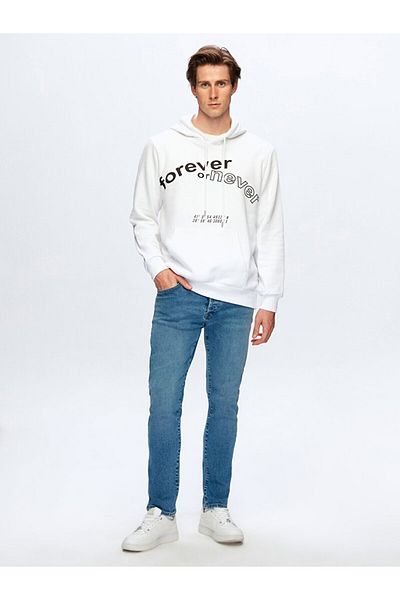 Ltb Slogan Printed Hooded White Sweatshirt