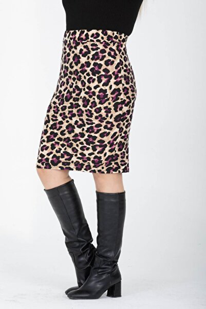 Mooi XXL Women's Purple Beige Leopard Pattern Flexible Suede Pencil Skirt