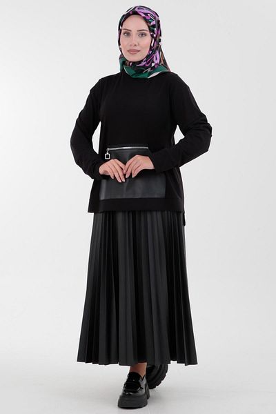 Armine Leather Zippered Pocket Skirt Set - Black