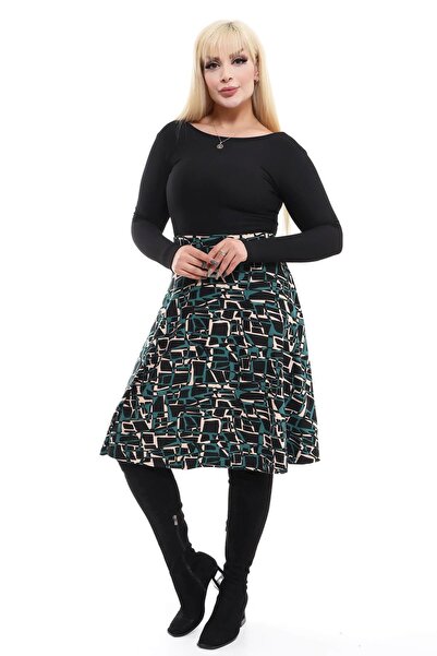 Mooi XXL Women's Emerald Beige Geometric Pattern High Waist Flexible Suede Flared Skirt