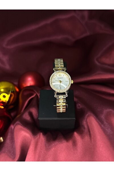 Store Yuvarlak İçi Beyaz Taşlı Şık Gold Kadın Kol Saati