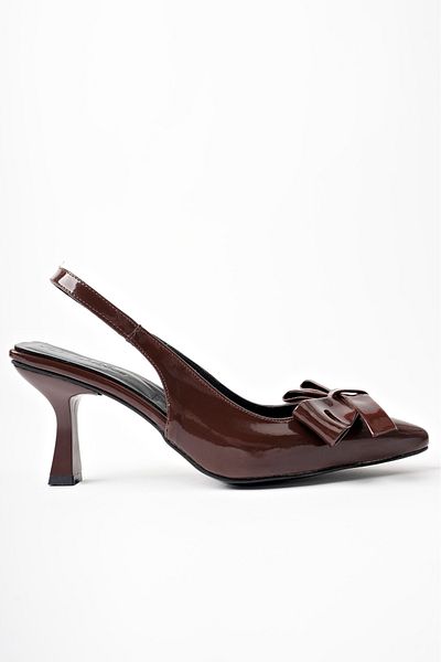 moun shoes Дамски вечерни тъмнокафяви лачени обувки с висок ток с панделка