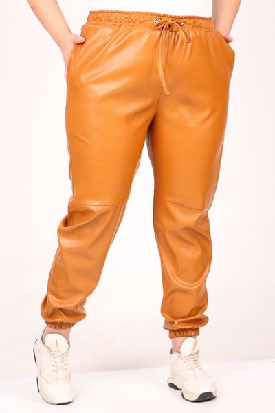 Eslina 39051 Plus Size Leather Trousers with Elastic Legs-Tan