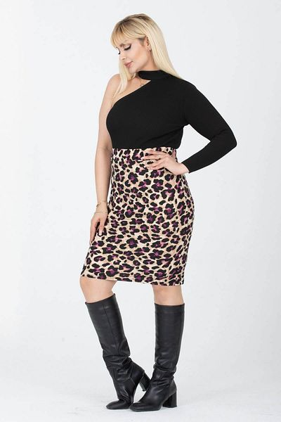 Mooi XXL Women's Purple Beige Leopard Pattern Flexible Suede Pencil Skirt