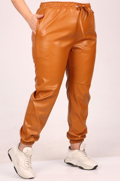 Eslina 39051 Plus Size Leather Trousers with Elastic Legs-Tan