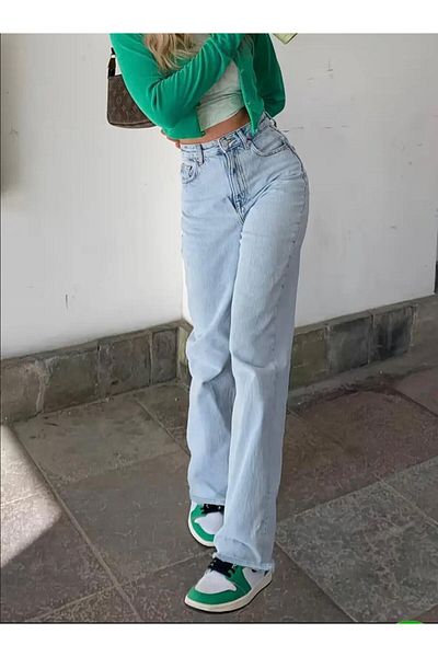 geenz manifacture Blugi Palazzo din Lycra albastru din anii 90 - Pantaloni largi cu talie super înaltă