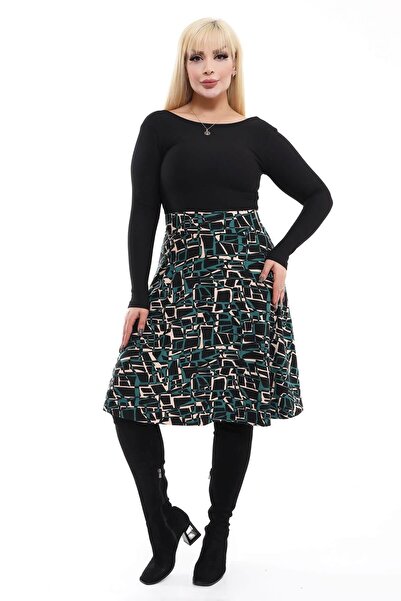 Mooi XXL Γυναικεία σμαραγδένια μπεζ γεωμετρική στάμπα ψηλόμεση ελαστική σουέτ φούστα