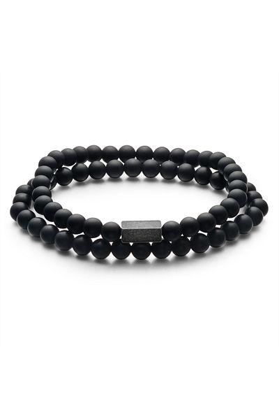 True Rebels Edelsteinarmband 2er Set Armbänder Edelstahl gunmetal Achat schwarz