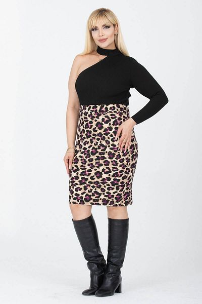 Mooi XXL Women's Purple Beige Leopard Pattern Flexible Suede Pencil Skirt