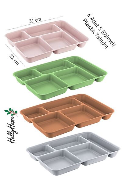 HOBBY LİFE 4 Pieces 5 Compartments Plastic Table Breakfast Food Picnic Serving Plate 4 Colors 21x31x3,3h Cm HH