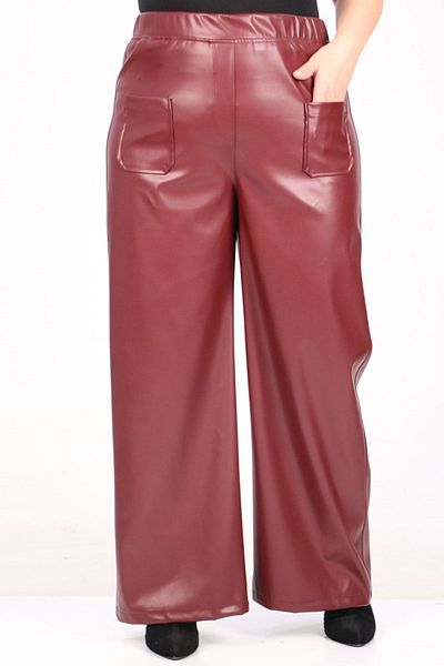 Eslina 39050 Large Size Wide Leg Leather Trousers-Burgundy