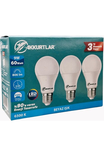 AKKURTLAR Led Ampul 9w-60w 3’lü Ekonomik Paket 6500k