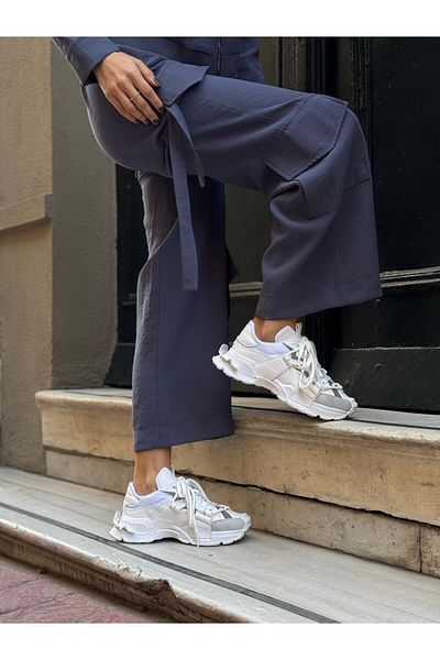 NİŞANTAŞI SHOES Oslo Weiß Matte Spitze Detaillierte Damen-Sportschuhe mit dicker Sohle