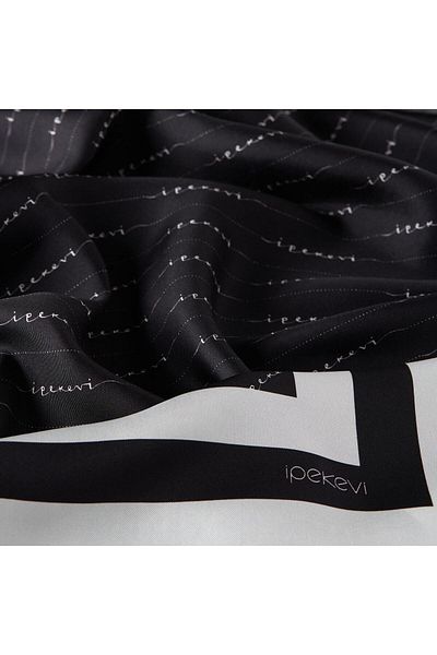 ipekevi Eșarfă din mătase din twill - Dungi Signature - Negru Alb