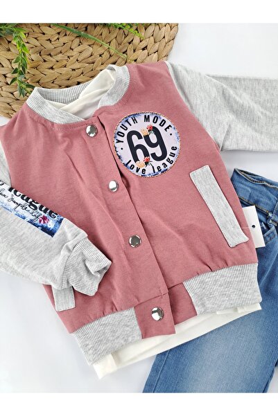 Butik Kız Çocuk Kot Pantolonlu Yelek Tişort Üçlü Takım Likralı Kot 2 İplik Şardonsuz Mevsimlik Kolej Ceket