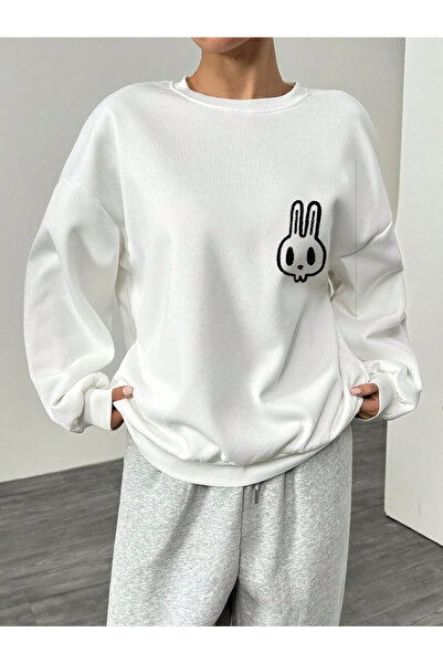 tavşan baskılı oversize pamuklu bisiklet yaka içi şardonlu yumuşak örme sweatshirt 4070788541310