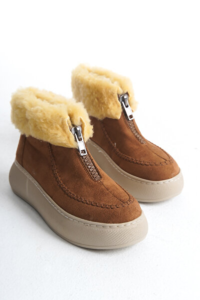 Moda Değirmeni Pohodlné dámské boty – hnědé semišové, kožešinová podšívka, přední zip, silná podrážka s kožešinou uvnitř Bg1165-116-0004