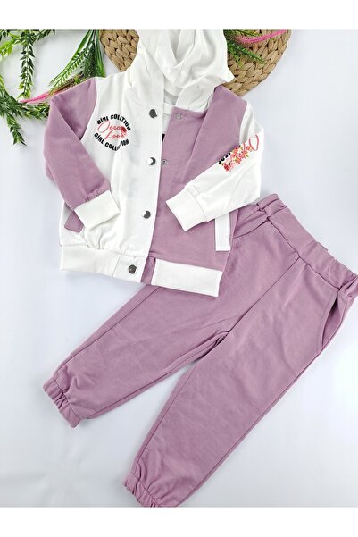 Butik Kız Çocuk Eşofman Yelek Uzun Kol Badi Üçlü Takım 2 İplik Şardonsuz Mevs...