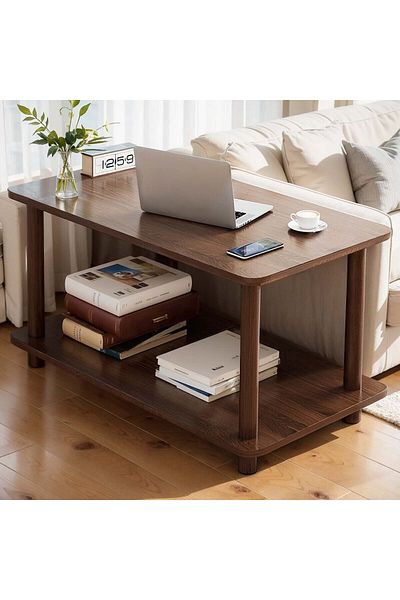 EqiEch Double Layer Sofa Side Table with Storage Shelf for Bedroom Living Room 80*40*53CM,Walnut