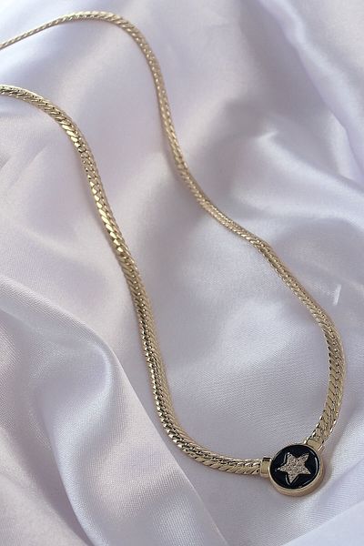 NEZADE STORE Brass Gold Color Zircon Stone Star Model Black Enameled Crushed Chain Serenay Necklace - Lisinya