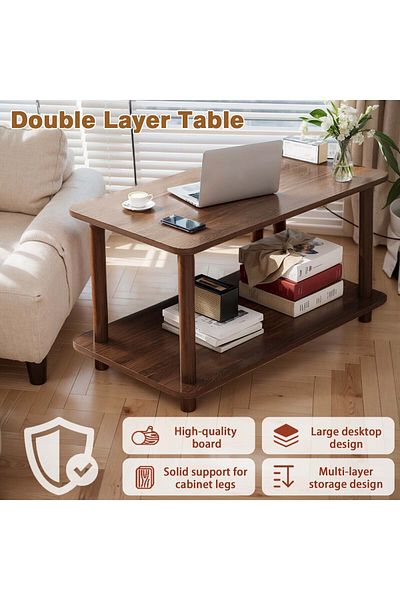 EqiEch Double Layer Sofa Side Table with Storage Shelf for Bedroom Living Room 80*40*53CM,Walnut