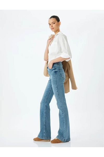 Koton High Waist Flared Leg Buttoned Open Indigo Women's Jeans Pants 5Sal40060Md