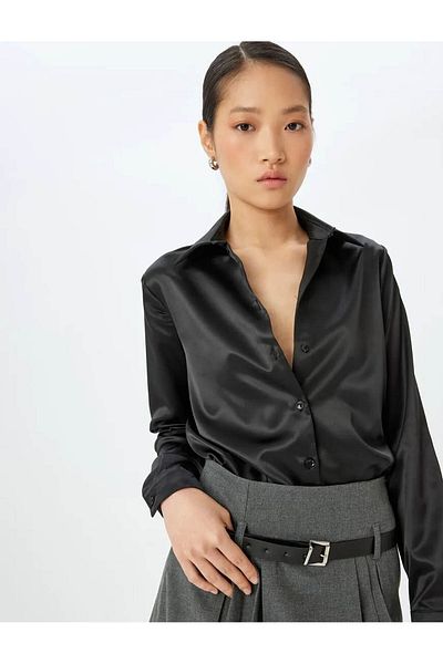 Koton Classic Lapel Button Long Sleeve Satin Shirt