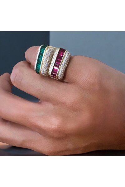 neslyaccessories Renkli Taşlı Elmas Model Gold Yüzük