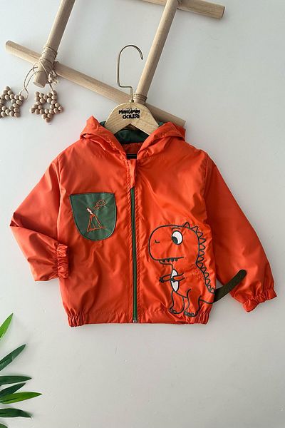 Minigimin Cicileri Boy's Dino Printed Hooded Raincoat - Orange