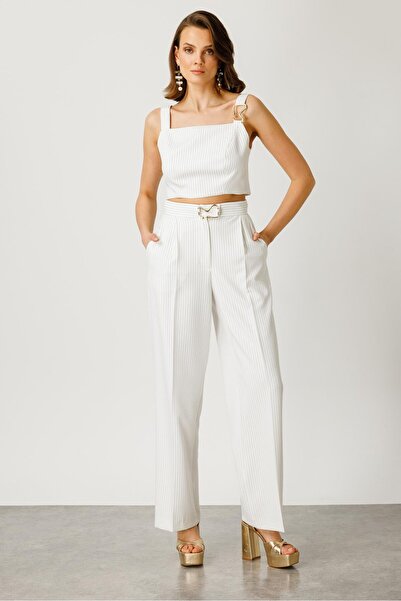 Moda İlgi Modailgi Kemeri Tokalı Yandan Fermuarlı Çizgili Pantolon Ekru