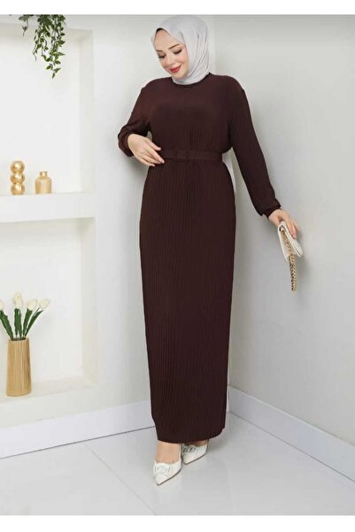 ECK MODA Γυναικείο φόρεμα με πλισέ ζώνη από ύφασμα από άμμο Full Lycra Stretch