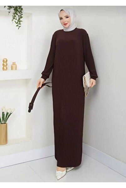 ECK MODA Γυναικείο φόρεμα με πλισέ ζώνη από ύφασμα από άμμο Full Lycra Stretch