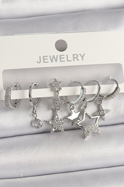 Skygo Pirinç Gümüş Renk Sallantı Yıldız Figür Kadın Küpe Seti - TJ-BKP10099